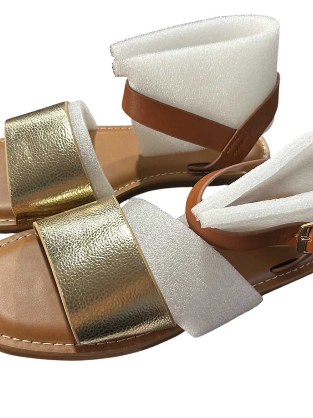 Cushionaire Memory Foam Women’s Gold and Brown Ankle-Strap Flat Sandals
